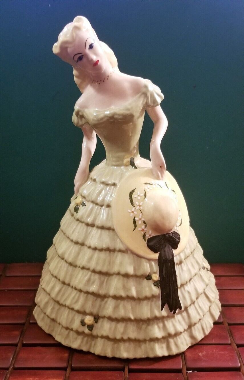 Vintage Goldscheider Southern Belle Woman In Green Dress & Hat Ceramic Figurine